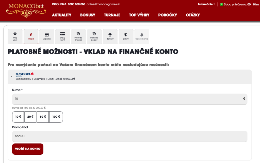 Vklad na finančné konto MonacoBet cez Slovenskú sporiteľňu – zadanie sumy 10 € a promokódu bonus1