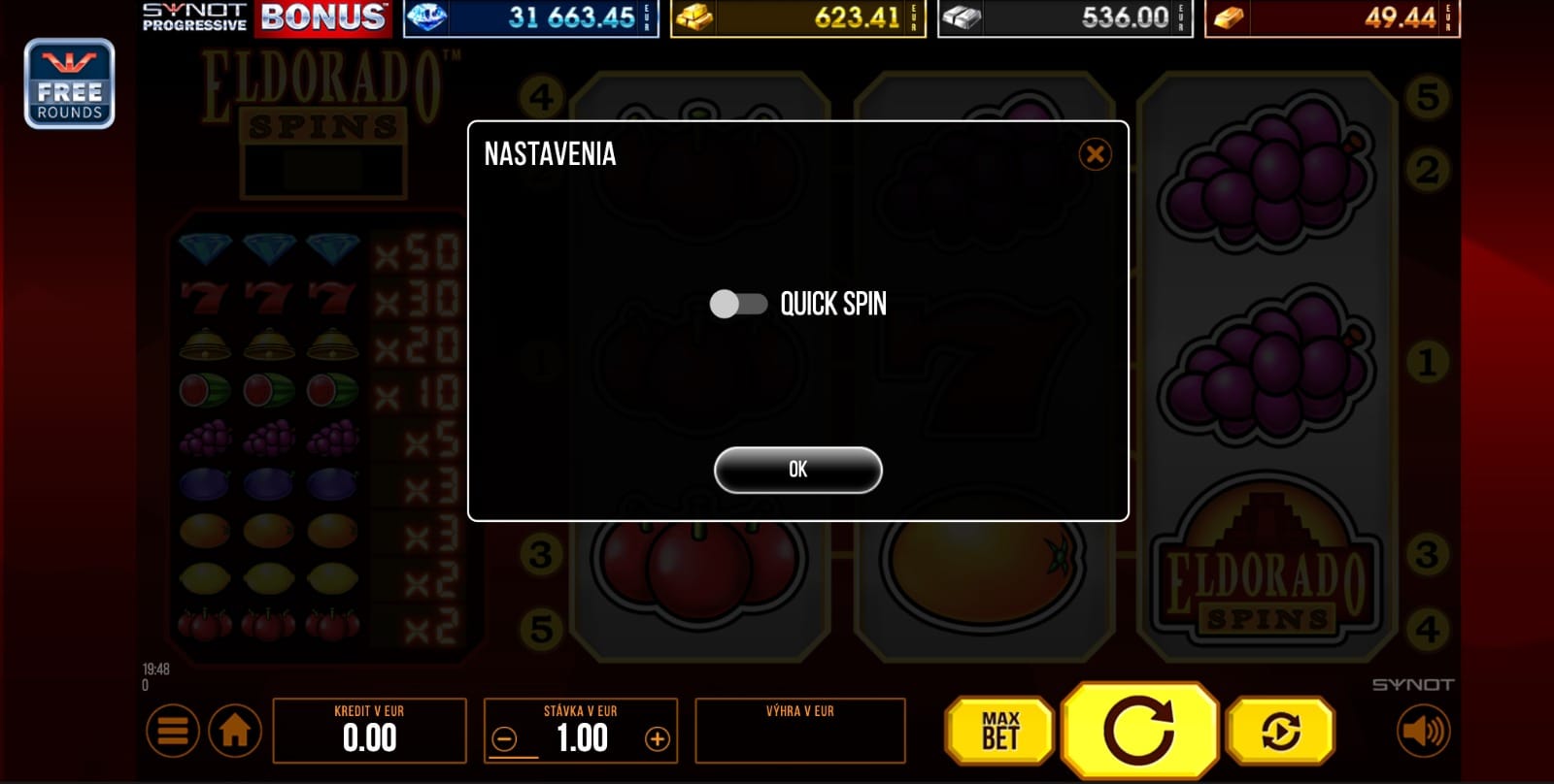Herný pomocník automatu Synot Eldorado Spins v kasíne MONACObet s pravidlami hry