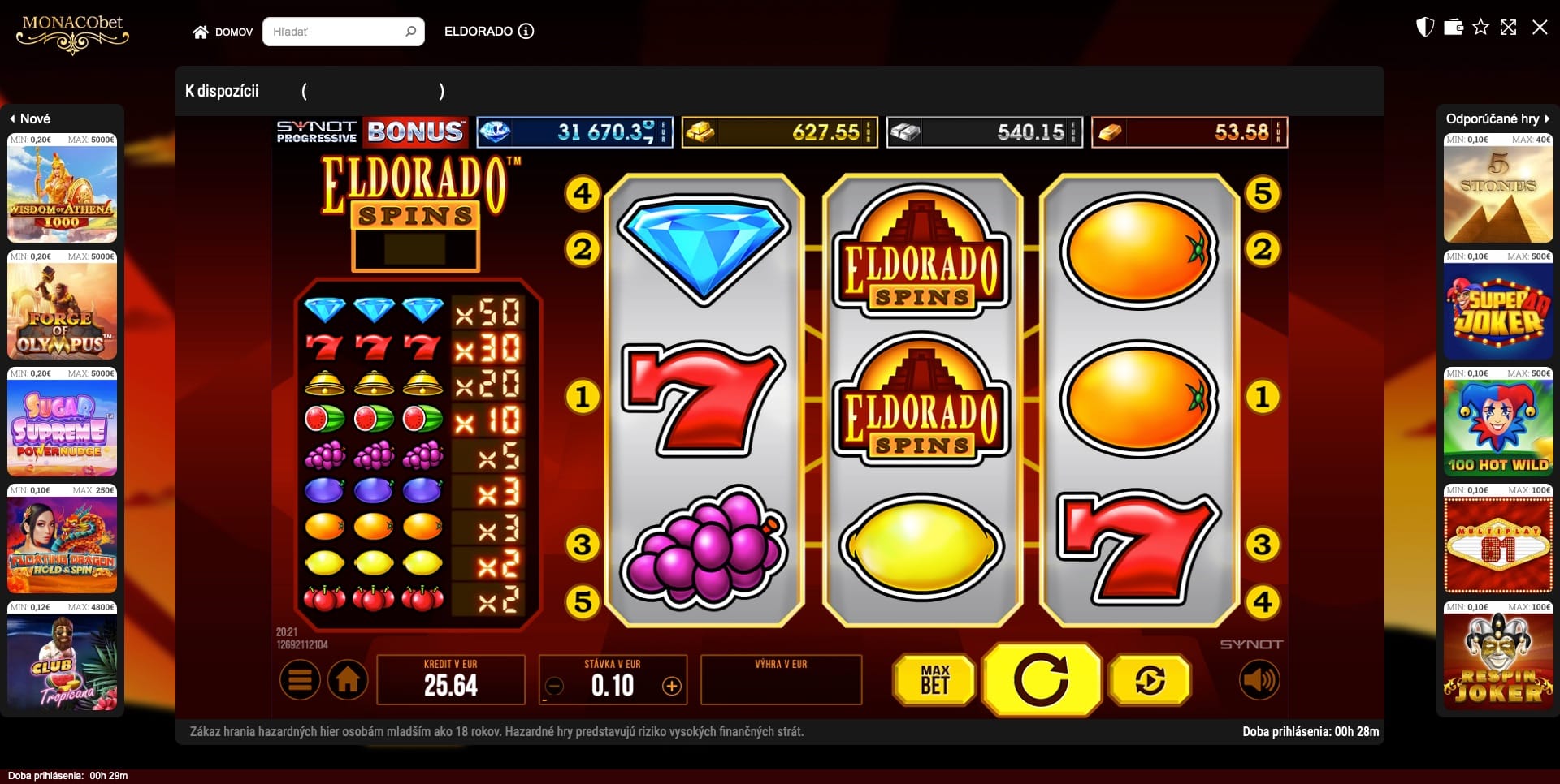 Online automat Eldorado Spins od Synot Games v kasíne MONACObet počas hry