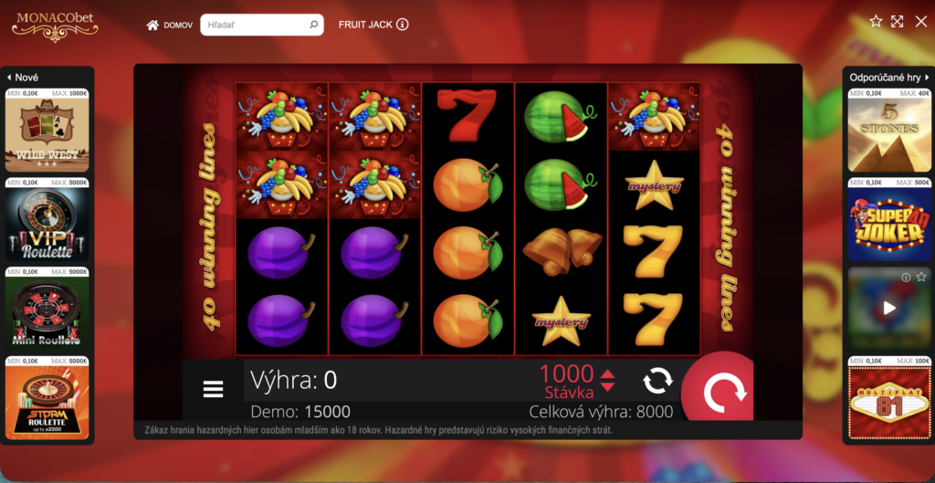 Online automat Fruit Jack se symboly ovoce, červenými sedmičkami a hvězdami Mystery
