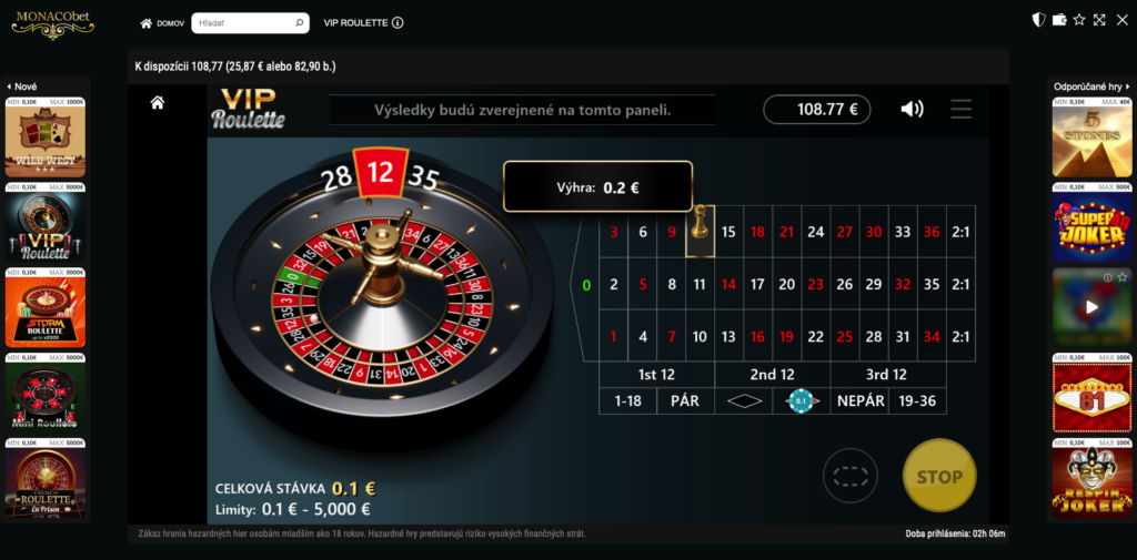VIP Roulette od XGames s ruletovým kolesom a stávkovou tabuľkou v online kasíne MONACObet