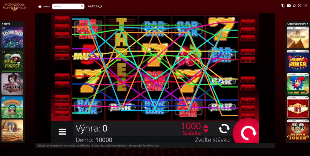 Prehľad 20 výherných línií v online automate Multi 5 od E-gaming