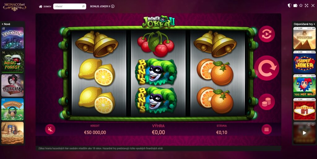 Herná plocha online automatu Bonus Joker II s bonusovým žolíkom a ovocnými symbolmi