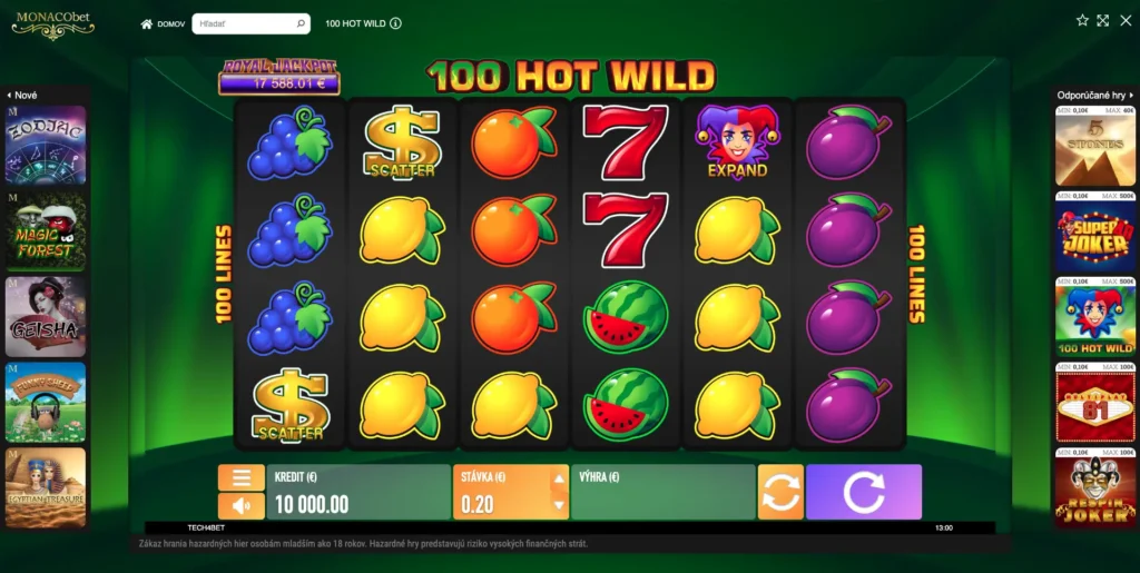100 Hot Wild s ovocnými symbolmi a žolíkom Expand