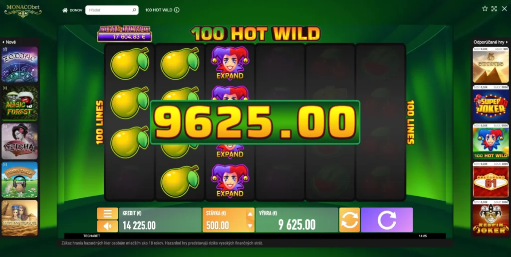 Výhra 9 625 € v automate 100 Hot Wild s citrónmi a symbolmi žolíka Expand